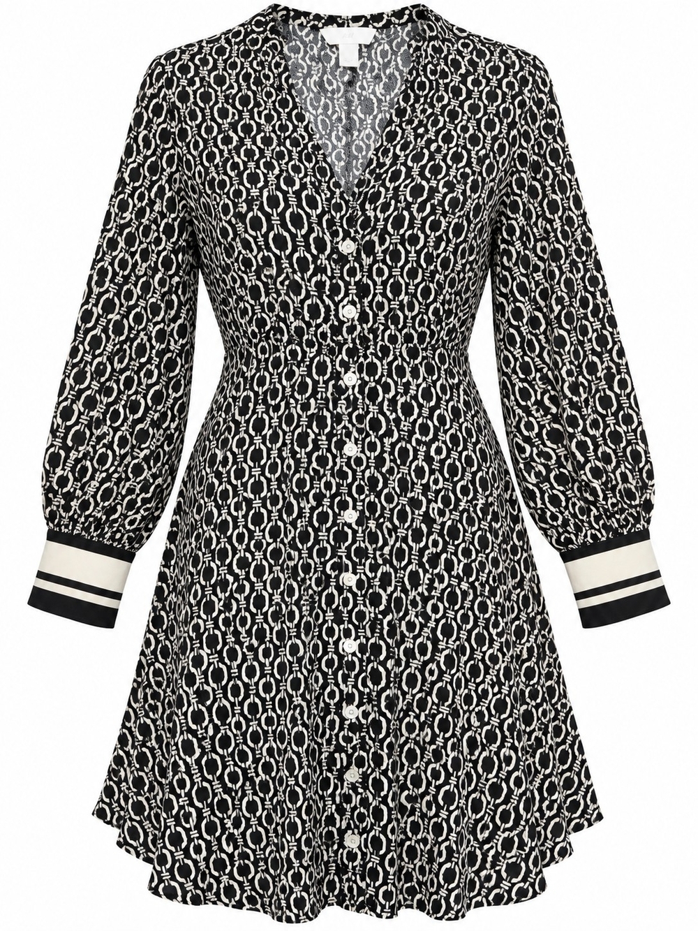 H&M Black White Geometric Print Button Front Shirt Dress Size M Viscose